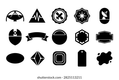 A set of diverse black badge silhouettes displayed on a white background, offering versatile graphic elements for design projects.