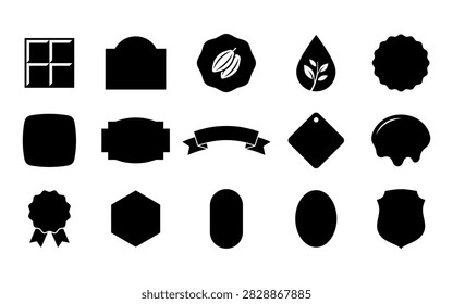 A set of diverse black badge silhouettes in various geometric shapes, ideal for use in design projects and branding, featuring a distinctive silhouette style.