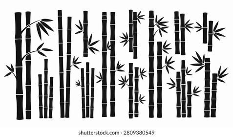 Set of diverse black bamboo stalk and leaf silhouettes isolated on white. Includes various segmented stems, branches, and foliage arrangements for minimalist vector design.