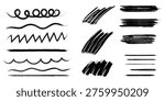 A set of diverse black lines, waves, and scribbles used for artistic expression and design elements