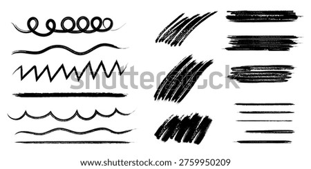 A set of diverse black lines, waves, and scribbles used for artistic expression and design elements