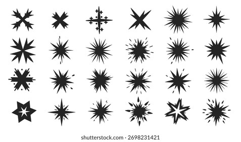 Conjunto de diversas formas de vetor de brilho e estrelado preto, incluindo brilho, floco de neve e desenhos de explosão em branco.