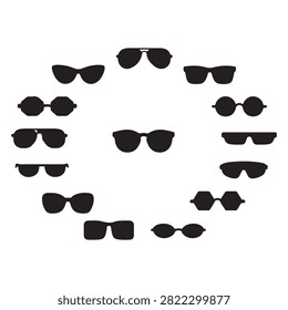 A set of diverse black sunglass silhouettes arranged in a circular shape on white background