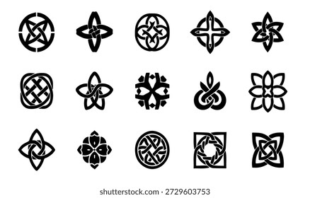 Un conjunto de diversas Ilustraciones vectoriales negras con patrones de nudos celtas tradicionales, Formas geométricas y motivos florales para uso decorativo.