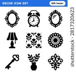 A set of diverse black and white silhouette icons representing various decorative elements for interior design and home decor, including a mirror, alarm clock, lamp, floral pattern, key, and vase.