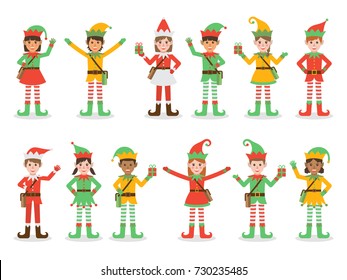 Set of diverse boys and girls wearing elf kid costume. Christmas concept. Flat design characters.