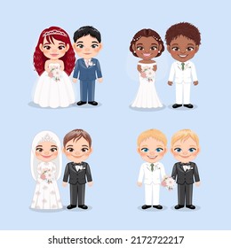 Juego de novias y bodas diversas o musulmanas, boda africana estadounidense, boda LGBTQ, vector de diseño matrimonial