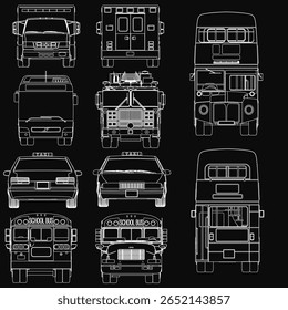 Um conjunto de diversos ônibus, incluindo dois andares, carro, caminhão e ônibus padrão delineado em branco sobre um fundo preto. O design limpo destaca o transporte urbano com contraste nítido. Vista frontal