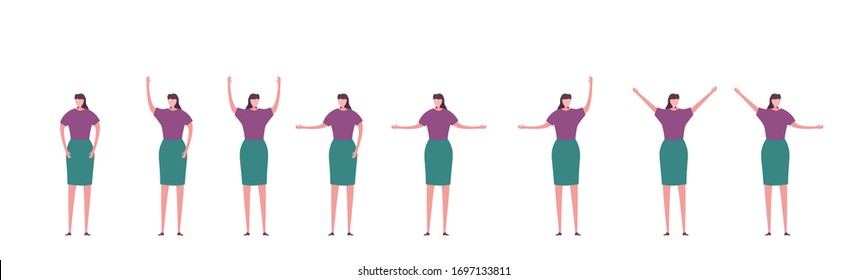 Set of diverse business people isolated on a white background. Moving and jumping characters girls in colorful clothes. Set of characters women. Vector illustration in flat design. EPS 10.
