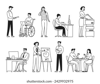 Set of diverse business people, men and women of different ages and body types in office suits. Isolated on white. Doodle style