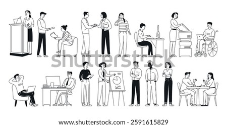 Set of diverse business people, men and women of different ages and body types in office suits. Inclusive. Isolated on white. Doodle style