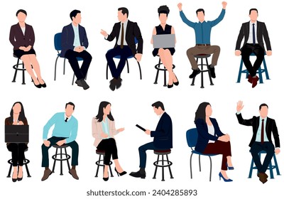 Set of diverse business people sitting, men and women full length, business people sitting on chair and stool. Inclusive business concept. Vector illustration isolated on transparent background.