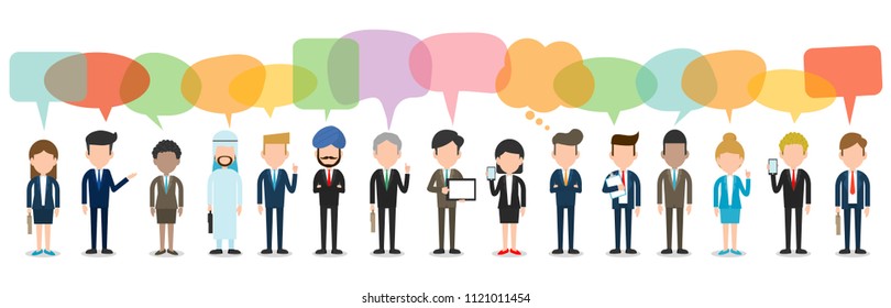 Set of diverse business people with speech bubbles isolated on white background. Different nationalities and dress styles. Cute and simple flat cartoon style.Vector illustration