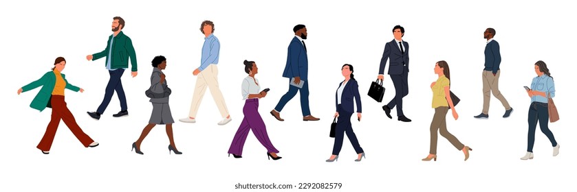 Set of Diverse business people walking side view.