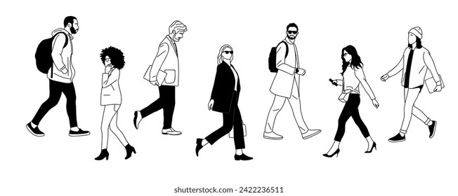 Set of Diverse business people walking side view.