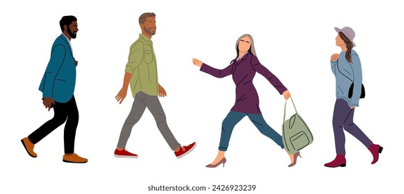 Set of Diverse business people walking side view. Modern men and women different ethnicities in smart casual, formal office outfits with bags. Hand drawn colorful Vector illustration isolated on white