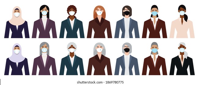 Set of diverse business woman icons wearing face mask to protect themselves from the epidemic. Flat design vector illustration.