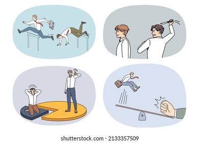 Set of diverse businessman compete for job with rival. Collection of men employees or workers engaged in competition for workplace. Rivalry and opposition. Flat vector illustration. 