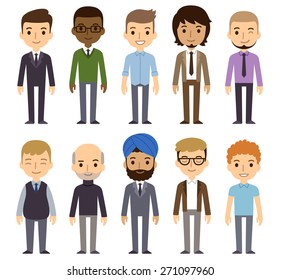 Set of diverse businessmen isolated on white background. Different nationalities and dress styles. Cute and simple flat cartoon style.