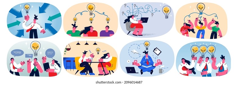 Set of diverse businesspeople involved in creative thinking develop business idea or startup together. Bundle of team or colleague brainstorm cooperate in office. Innovation. Vector illustration. 