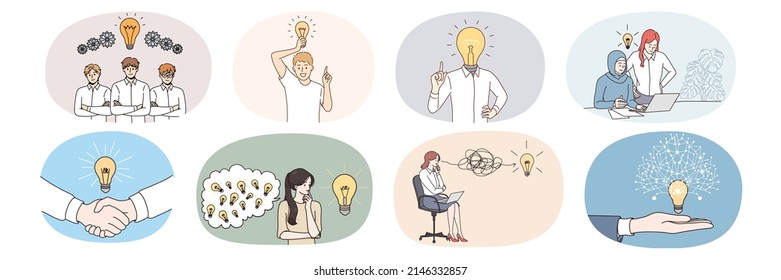 Set of diverse businesspeople with light bulb think of problem solution. Collection of employees or workers with lightbulb brainstorm generate innovative business idea. Vector illustration. 