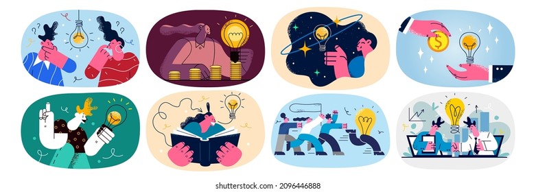 Set of diverse businesspeople with lightbulb think generate business idea together. Collection of employees workers brainstorm over problem solution. Trouble solving concept. Flat vector illustration.