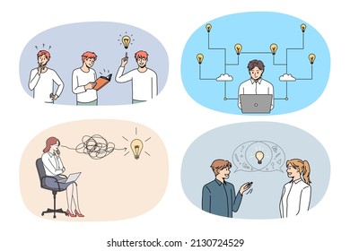 Set of diverse businesspeople with lightbulbs brainstorm generate creative innovative business ideas. Collection of employees with light bulbs consider make solution. Vector illustration. 
