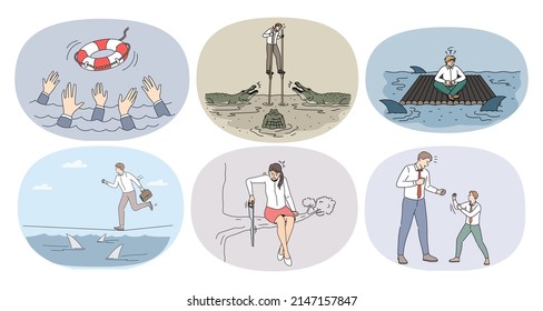 Set of diverse businesspeople in risky situations. Collection of employees or workers risk involved in challenging projects or startups. Business problems concept. Vector illustration. 