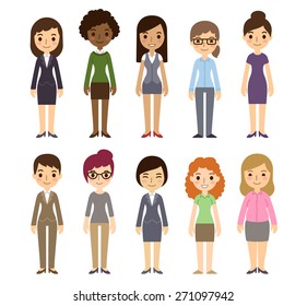 Set of diverse businesswomen isolated on white background. Different nationalities and dress styles. Cute and simple flat cartoon style.