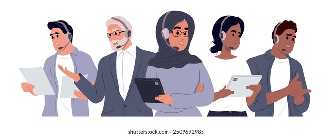 Set of diverse call center operators characters. Customer support concepts. Call center work. Vector illustration in flat style