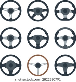Set of diverse car steering wheel icons on gray background. A collection of nine flat car steering wheel designs in various styles including modern and classic looks. Muted tones on a gray backdrop. Ideal for automotive apps or UI design.
