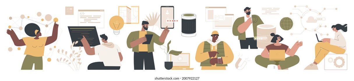 Set of diverse cartoon characters using gadgets and modern technologies, digital world and social diversity concept. Vector illustrations of IT technology and coding symbols on white background