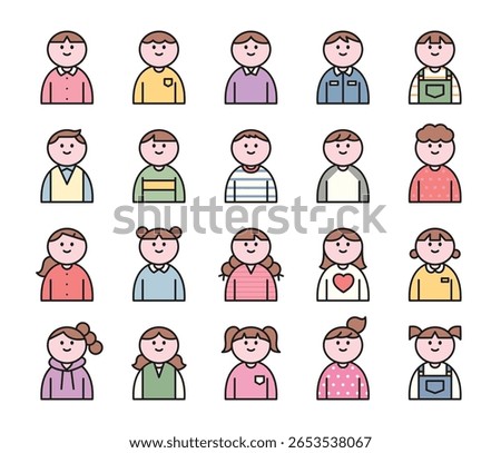 A set of diverse cartoon child characters, including boys and girls with various outfits and hairstyles, depicted as simple avatars.