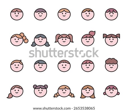 A set of diverse cartoon child faces, including boys and girls with various hairstyles and skin tones, depicted as simple avatars.