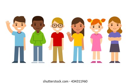 Set of diverse cartoon children. Flat design vector kids, boys and girls.