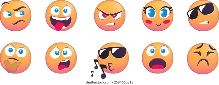 Set of diverse cartoon emoji expressions with various facial reactions.