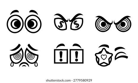 Set of diverse cartoon eyes with varied expressions and symbols, exclamation mar