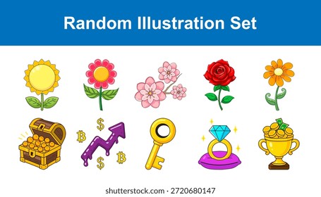 Conjunto de diversas ilustraciones de dibujos animados que incluyen varias flores Un cofre del tesoro Una flecha de crecimiento Una llave Un anillo de diamantes y un trofeo