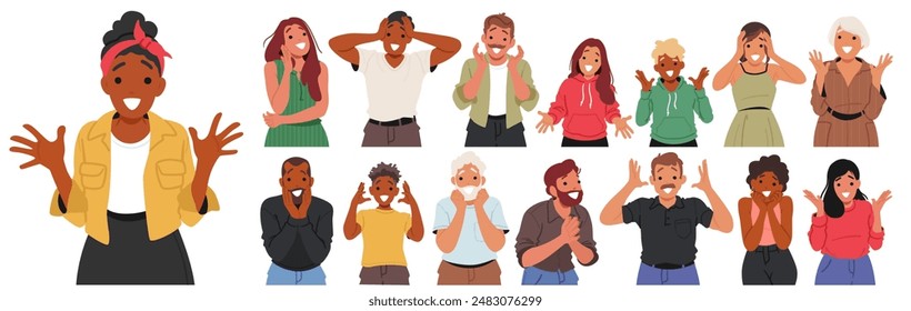 Set Of Diverse Cartoon Male And Female Characters Expressing Surprise And Happiness. People Vividly Showing Their Emotions. Vector Illustration Ideal For Using In Design, Or Conveying Joyful Reactions