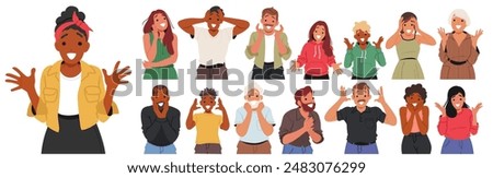 Set Of Diverse Cartoon Male And Female Characters Expressing Surprise And Happiness. People Vividly Showing Their Emotions. Vector Illustration Ideal For Using In Design, Or Conveying Joyful Reactions