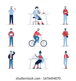 Conjunto de personas de caricaturas diversas. Ilustraciones vectoriales planas de hombre y mujer de pie, sentado, en bicicleta. Actividad diaria y concepto de estilo de vida para banner, diseño de sitio web o página web de destino