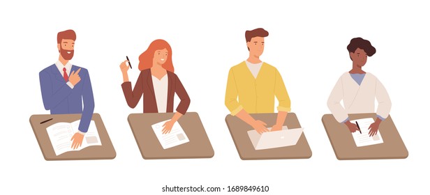 Set of diverse cartoon students man and woman sitting at table with document and laptop isolated on white. Positive people write test task hiring or recruitment specialists vector flat illustration