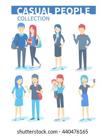 Set of diverse casual people with gadgets. Vector Characters illustrations.