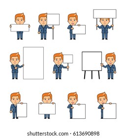 Set of diverse chibi man characters holding blank banners. Funny blonde businessman holding paper, poster, placard, pointing to whiteboard. Teach, advertise, promote. Simple vector illustration