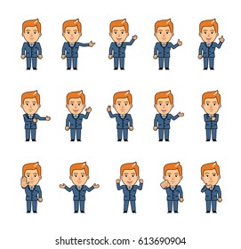 Set of diverse chibi man characters showing different hand gestures. Funny blonde businessman pointing, greeting, showing thumb up, stop sign and other hand gestures. Simple vector illustration