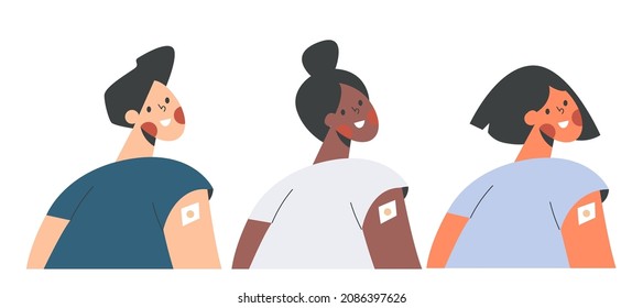 Set of diverse children after vaccine shot in shoulder flat vector isolated illustration. Young adult or teens vaccination. College and school immunization campaign. Child vaccine for health immunity