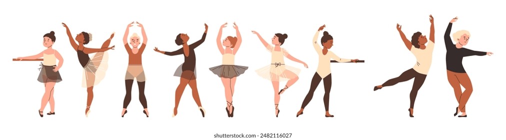 Eine Reihe von verschiedenen Kindern in Ballettposen. Diese Vektorillustration fängt die Freude und Anmut junger Tänzer ein, die Ballettzüge üben