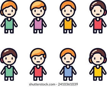 Set of diverse children characters wearing colorful clothes. Flat style kids illustrations with different hairstyles. Diversity, childhood, cartoon kids vector illustration.