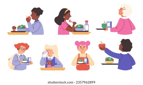 Set of diverse children having lunch in school cafeteria, flat vector illustration isolated on white background. Boys and girls carrying trays with healthy food and sitting at table.