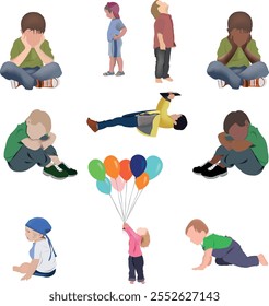 Conjunto de crianças diversas brincando, segurando balões, olhando para cima e se sentindo triste
